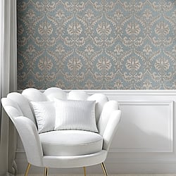 Galerie Wallcoverings Product Code 23606 - Classic Italian Wallpaper Collection - Blue Beige Colours - A traditional damask on a woven effect background, giving a classical, formal edge to any interior scheme.  Design