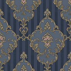 Galerie Wallcoverings Product Code 4607 - Italian Glamour Wallpaper Collection - Blue Gold Colours - Damask over Stripe Design