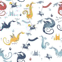 Galerie Wallcoverings Product Code G78369 - Tiny Tots 2 Wallpaper Collection - Navy Red Yellow Blue Colours - Dragons Design