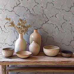 Galerie Wallcoverings Product Code HZ62044 - Horizon Wallpaper Collection - Grey Metallic Pink Colours - Cherry Blossom Design