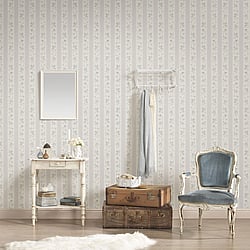 Galerie Wallcoverings Product Code MC61055 - Maison Charme Wallpaper Collection - Blue, Grey, White Colours - If you're after a romantic vintage floral design - look no further. Not only does this beautiful design feature endless upward bouquets of country roses; in a wide stripe motif the design also combines a cute polka dot with an intricate lace overlay for a true trip down memory lane - in rose tinted glasses! Design